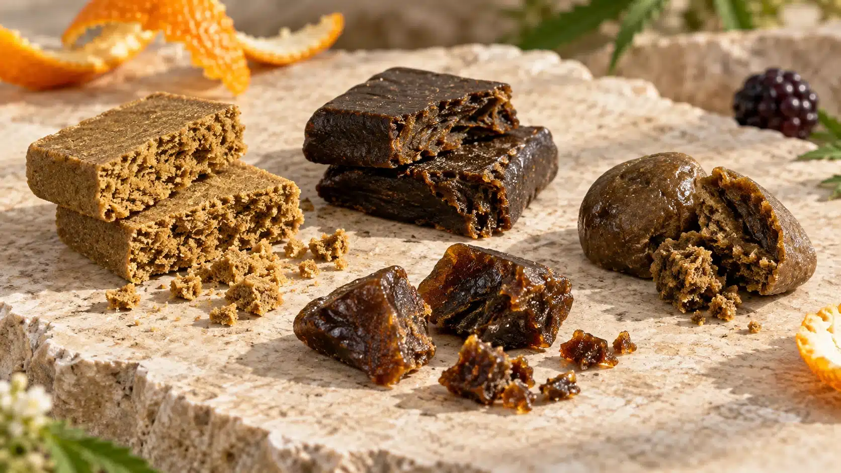 Résine DC10 40 % : choisir selon les arômes 1 Quatre morceaux de résine de chanvre de teintes et textures différentes avec des agrumes et des baies en arrière-plan