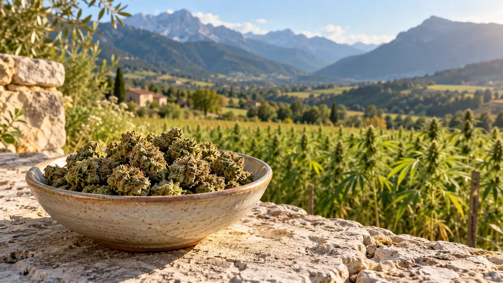 Small Buds CBD français : guide Rhône-Alpes et bio 1 Coupelle de petites fleurs de chanvre CBD devant un paysage de cultures et de montagnes évoquant la région Rhône-Alpes.