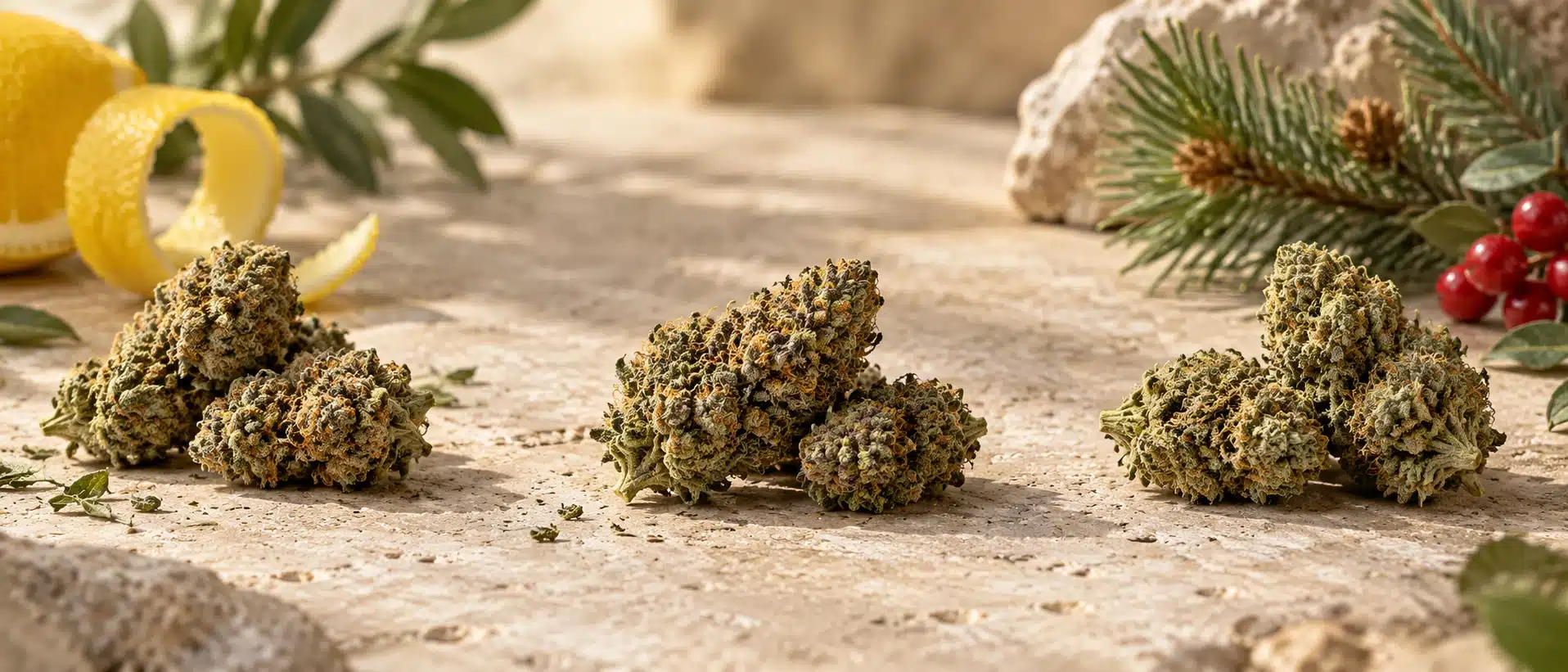 Small Buds CBD : quelle variété choisir selon les arômes ? 1 Petites fleurs de CBD présentées près de citron, de pin et de baies rouges pour illustrer différents profils aromatiques.