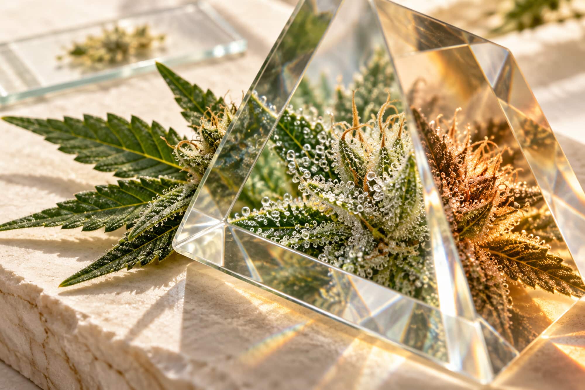 Fleur de cannabis observée à travers un prisme de verre, illustration du dossier sur le THCA et le THC.