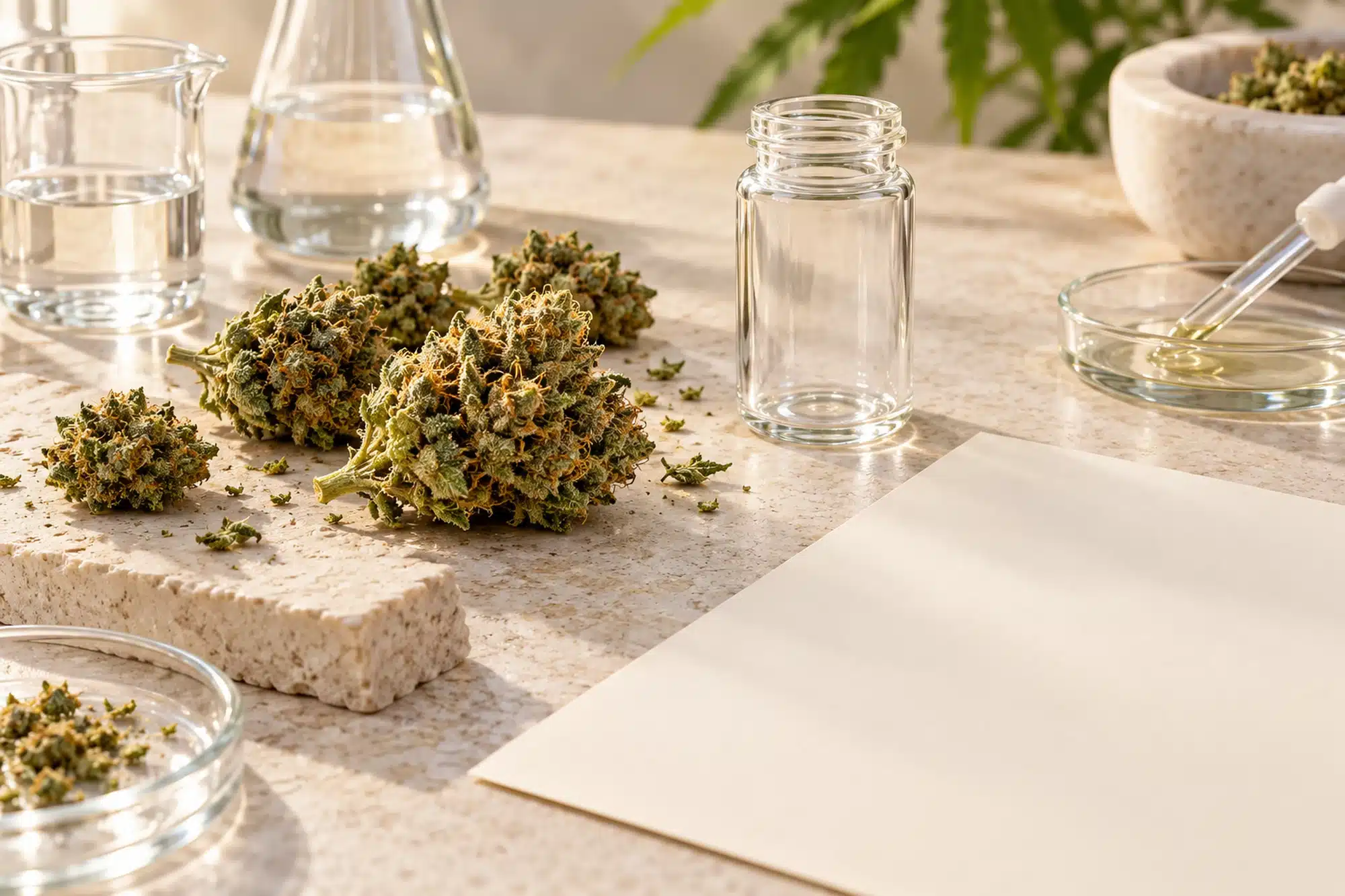 Fleurs de chanvre et matériel d’analyse sur une table, avec une feuille vierge évoquant un certificat de laboratoire THCA