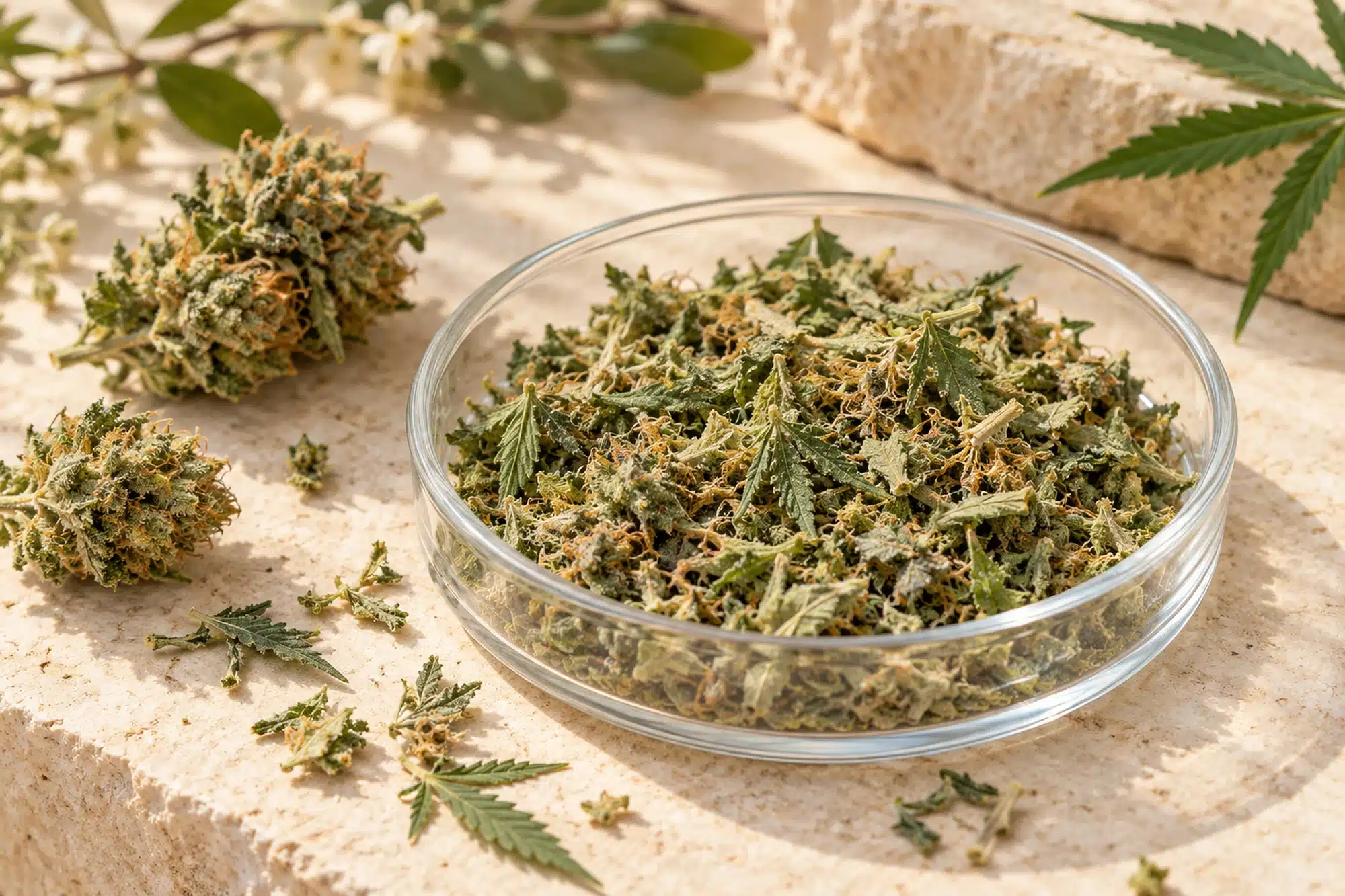 Trim DC10 20 % : composition et analyse du lot 1 Mélange de petits fragments floraux et de feuilles de chanvre dans une coupelle en verre, avec deux petites fleurs à côté