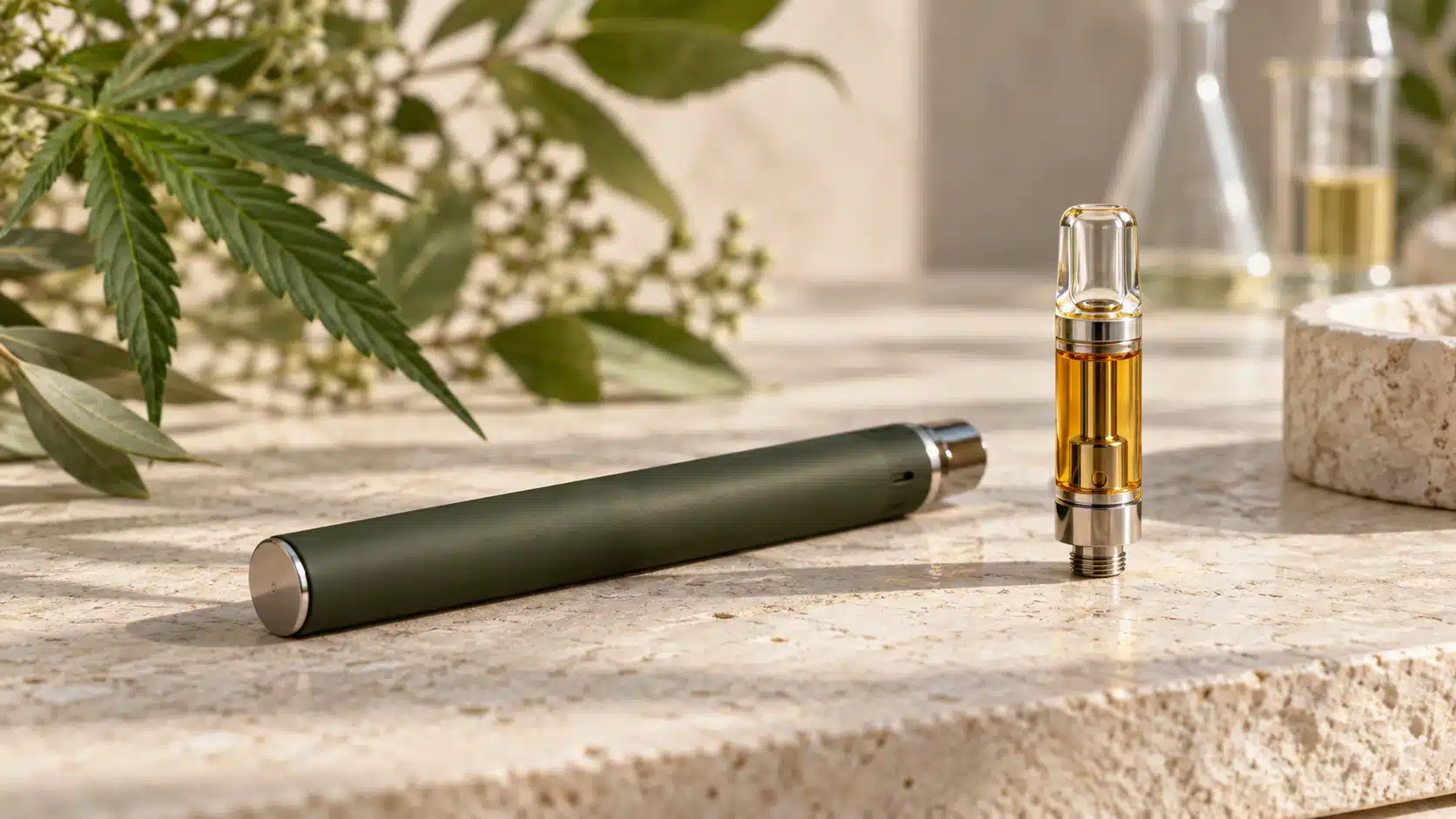 Vape 10-OH-HHC 97 % : lire l’étiquette et le lot 1 Stylo de vape sans marque et cartouche préremplie ambrée présentés sur une table claire.