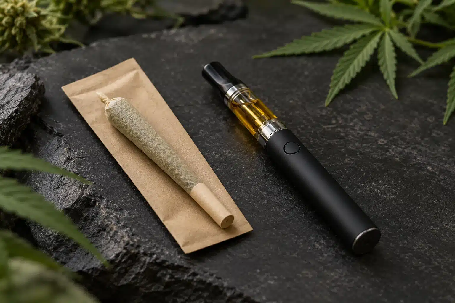 Un pré-roulé de chanvre posé dans un étui en papier à côté d’un vaporisateur noir à cartouche ambrée, sur une table en ardoise.