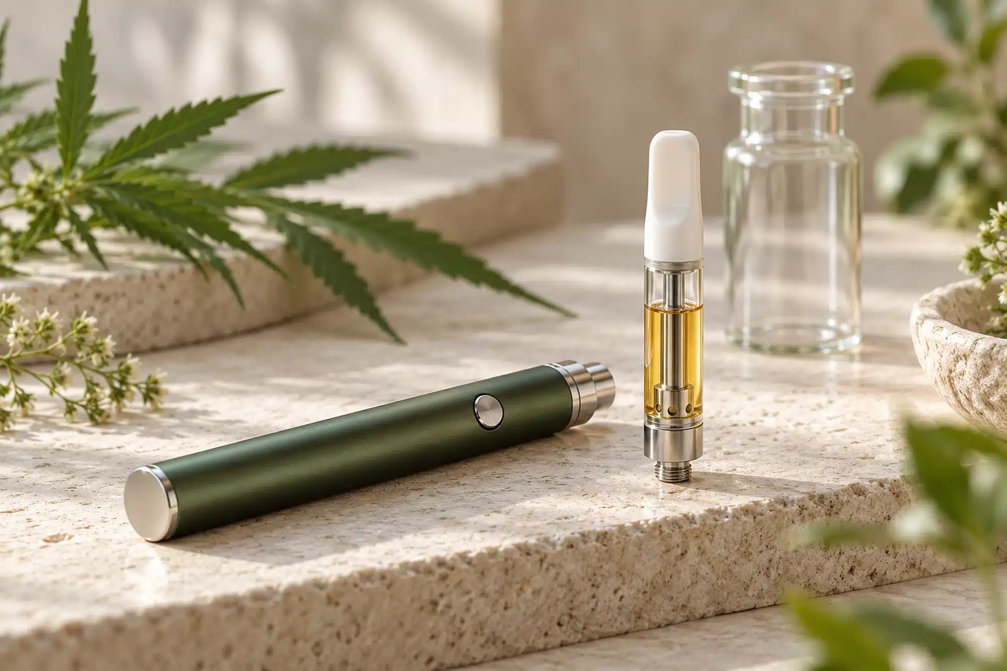 Vape CBD 1 ml : 60 %, mg et nombre de bouffées 1 Cartouche de vape CBD transparente contenant un liquide ambré, posée à côté d’une batterie de vaporisation verte