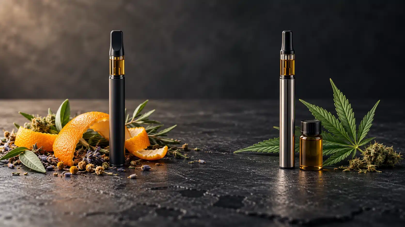 Vape CBD Pure Sauce ou FTS : le comparatif 1 ml 1 Deux vapes sans marque sur une table sombre, l’une près d’agrumes et de plantes aromatiques, l’autre près de feuilles de chanvre et d’un flacon ambré