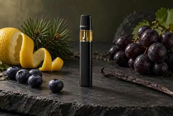 Un vaporisateur noir à cartouche ambrée entouré de citron, myrtilles, raisin noir, pin et vanille évoquant différents profils aromatiques.
