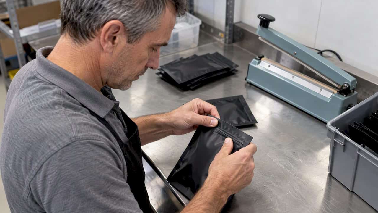 Vérification manuelle de la soudure d'un sachet opaque