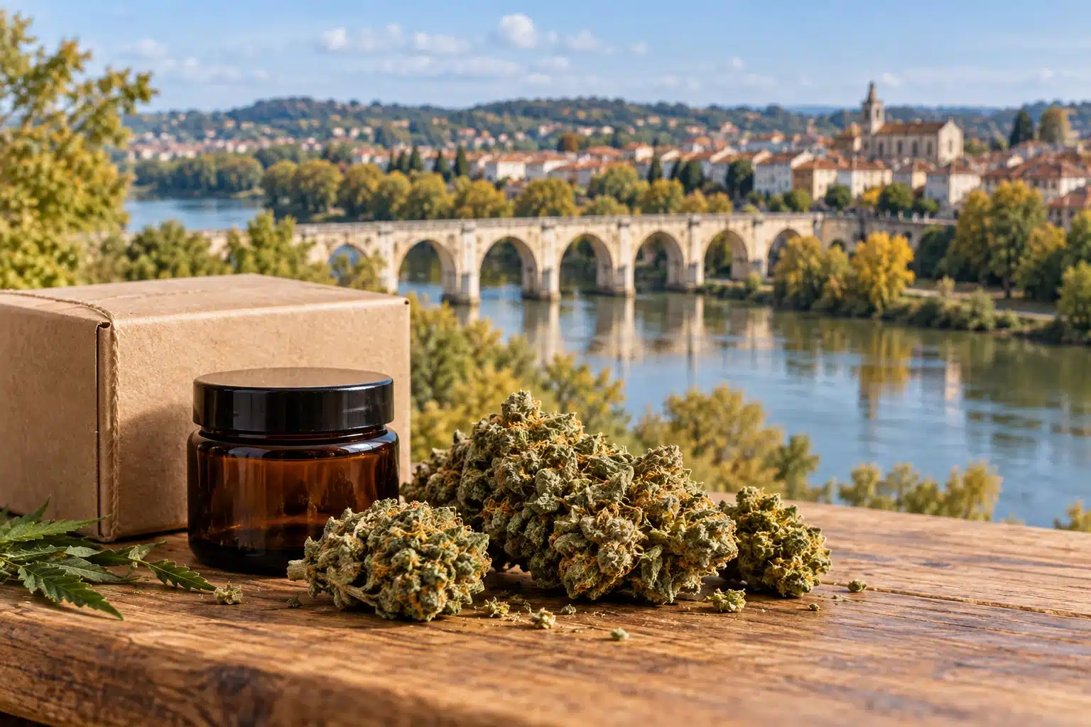 CBD Agen : fleurs de chanvre et colis devant une évocation du pont-canal et des berges de la Garonne.