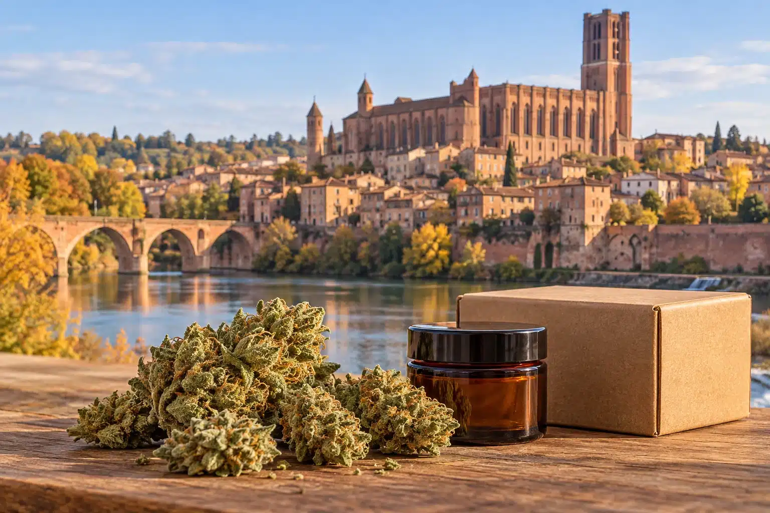 CBD Albi : fleurs de chanvre et colis devant une évocation de la cathédrale Sainte-Cécile et des berges du Tarn.