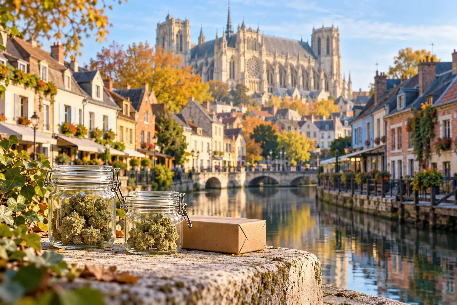 CBD Amiens : fleurs de chanvre et colis devant une évocation de Saint-Leu et de la cathédrale Notre-Dame.