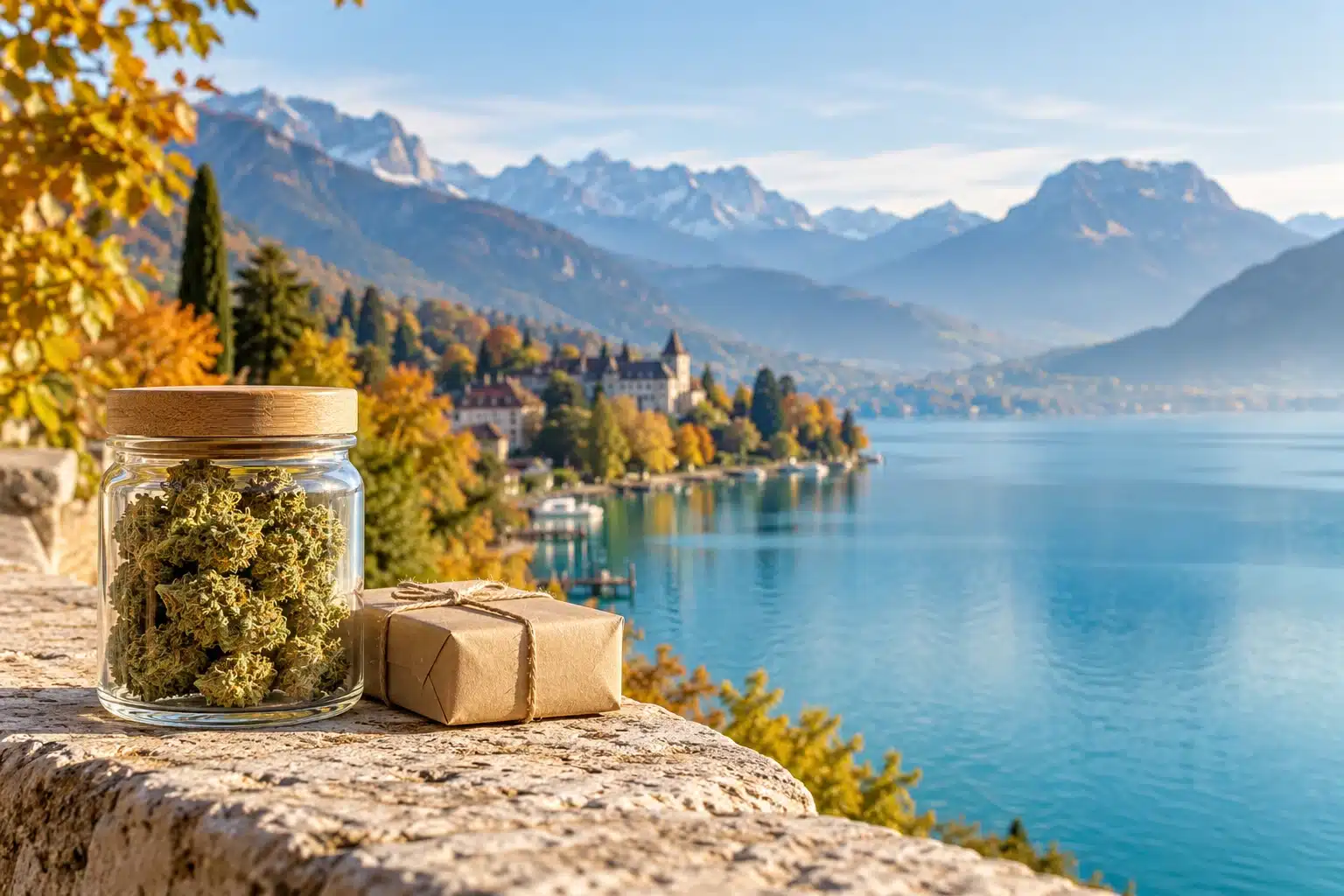 CBD Annecy : fleurs de chanvre et colis devant une évocation du lac et des montagnes de Haute-Savoie.