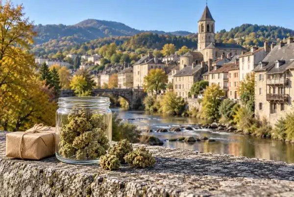 CBD Aurillac : fleurs de chanvre et colis devant une évocation des maisons sur la Jordanne et du quartier Saint-Géraud.