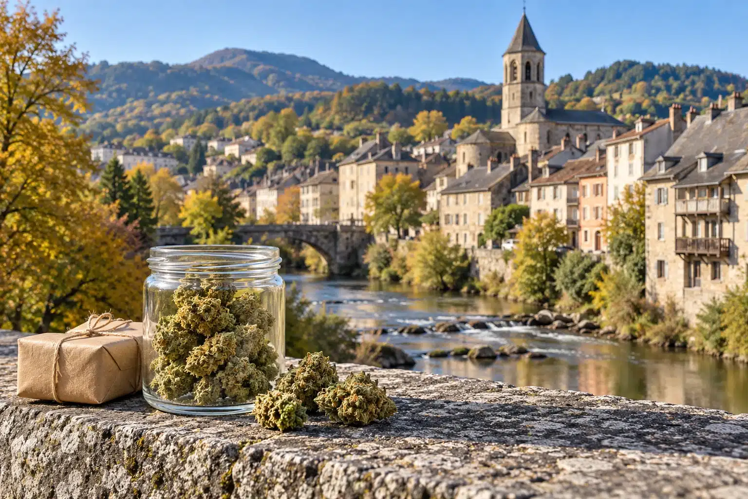 CBD Aurillac : fleurs de chanvre et colis devant une évocation des maisons sur la Jordanne et du quartier Saint-Géraud.