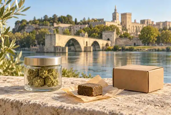 CBD Avignon : fleurs de chanvre, résine et colis devant une évocation du pont Saint-Bénezet