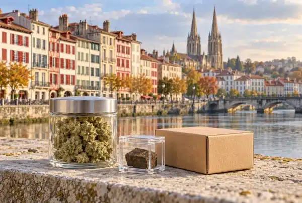 CBD Bayonne : fleurs de chanvre, résine et colis devant une évocation des quais de la Nive et de la cathédrale Sainte-Marie.