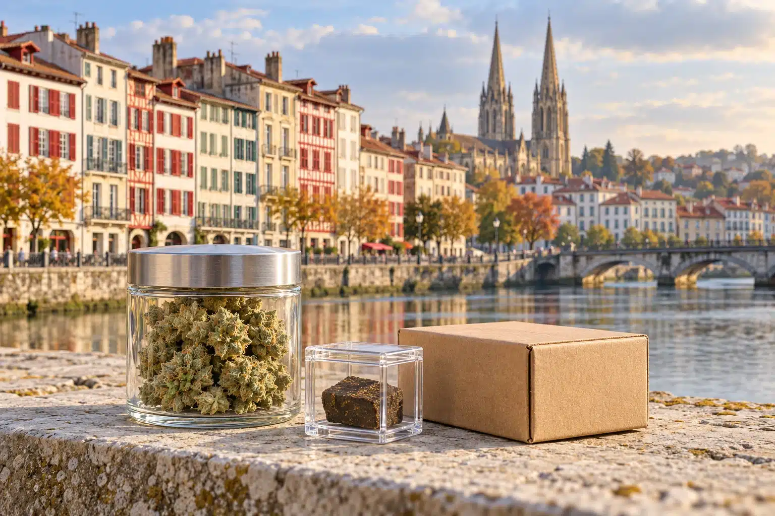 CBD Bayonne : le guide essentiel des fleurs et des résines 1 CBD Bayonne : fleurs de chanvre, résine et colis devant une évocation des quais de la Nive et de la cathédrale Sainte-Marie.