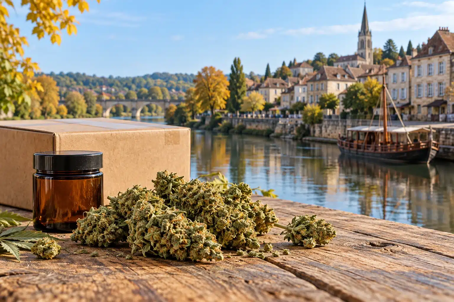 CBD Bergerac : fleurs de chanvre et colis devant une évocation du vieux port et des berges de la Dordogne.
