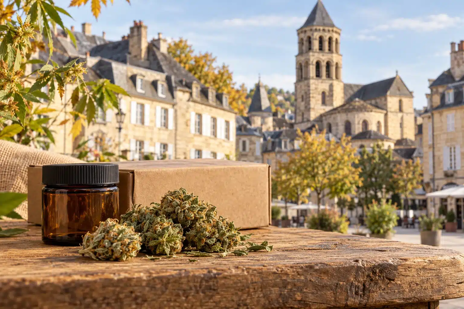 CBD Brive : fleurs de chanvre et colis devant une évocation du centre historique et de la collégiale Saint-Martin.