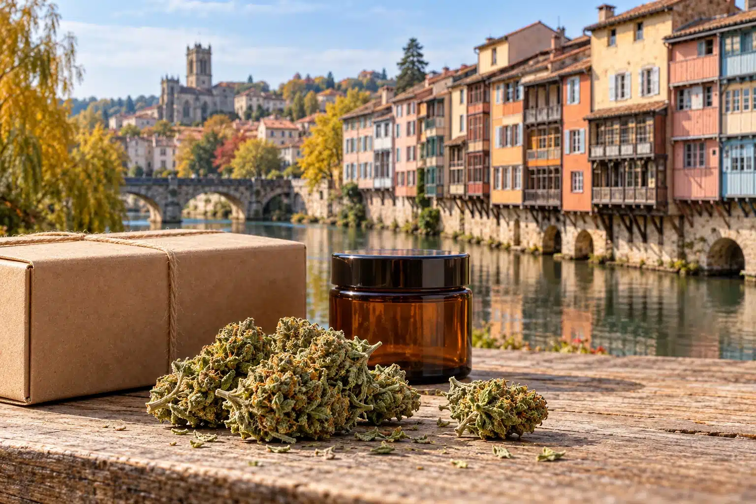 CBD Castres : fleurs de chanvre et colis devant une évocation des maisons colorées sur l’Agout.