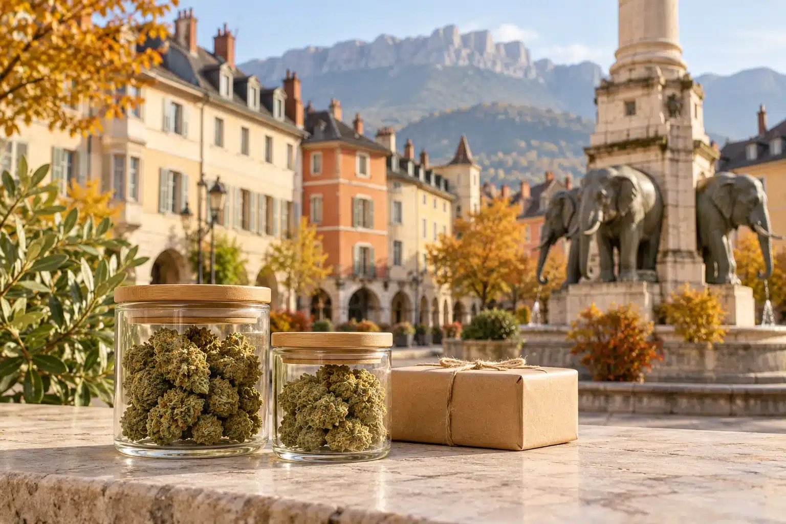 CBD Chambéry : fleurs de chanvre et colis devant une évocation de la Fontaine des Éléphants et du centre historique.