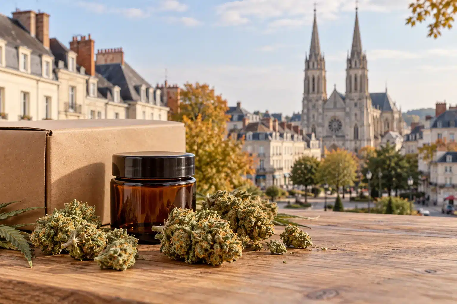 CBD Cholet : fleurs de chanvre et colis devant une évocation du centre-ville et des flèches de l’église Notre-Dame.