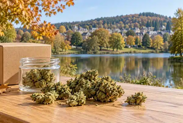 CBD Guéret : fleurs de chanvre et colis devant une évocation du plan d’eau de Courtille et des collines boisées.