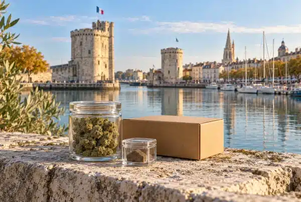 CBD La Rochelle : fleurs de chanvre, résine et colis devant une évocation des tours du Vieux-Port.