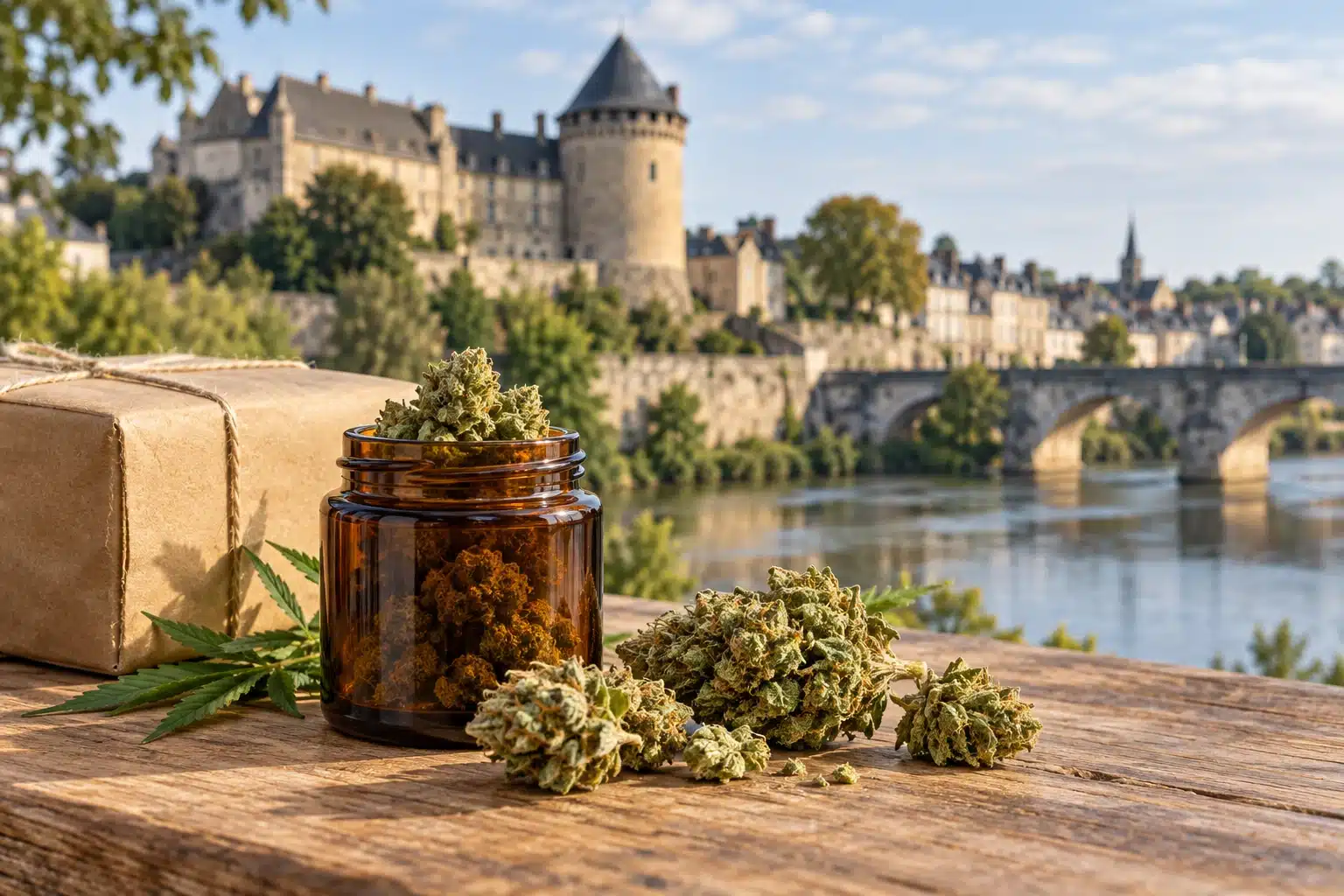 CBD Laval : fleurs de chanvre et colis devant une évocation du Vieux-Château, de la Mayenne et du centre historique.