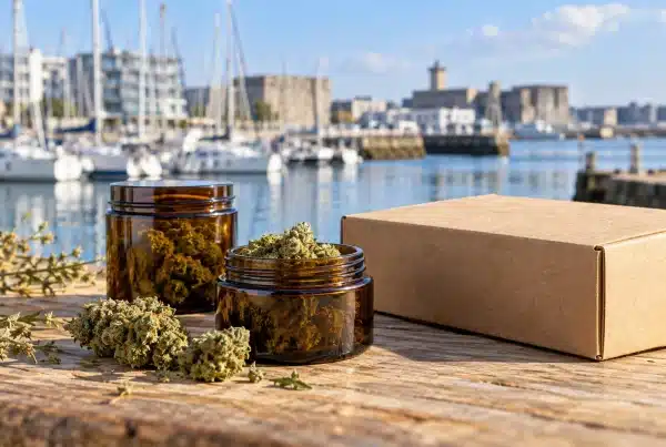 CBD Lorient : le guide essentiel des fleurs et de la livraison 7 CBD Lorient : fleurs de chanvre et colis devant une évocation du port de plaisance et des voiliers.