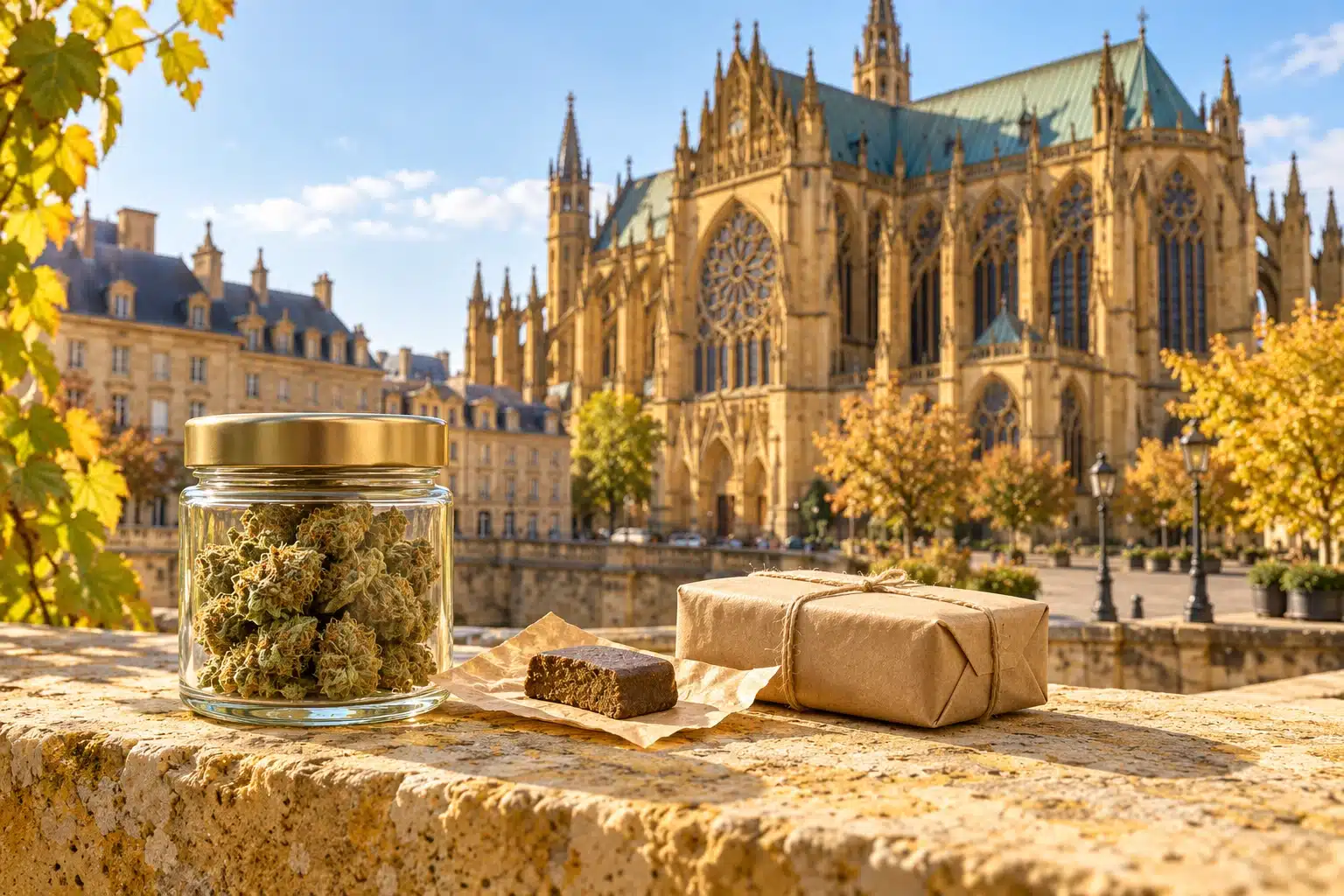 CBD Metz : fleurs de chanvre, résine et colis devant une évocation de la cathédrale Saint-Étienne.