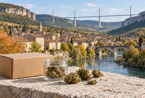 CBD Millau : fleurs de chanvre et colis devant une évocation du Tarn, de la ville et du viaduc de Millau.
