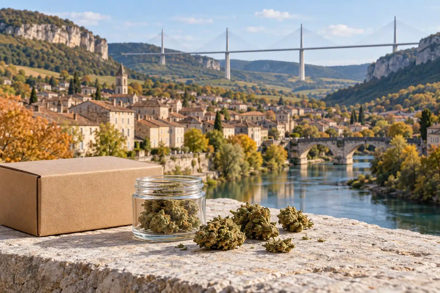CBD Millau : fleurs de chanvre et colis devant une évocation du Tarn, de la ville et du viaduc de Millau.
