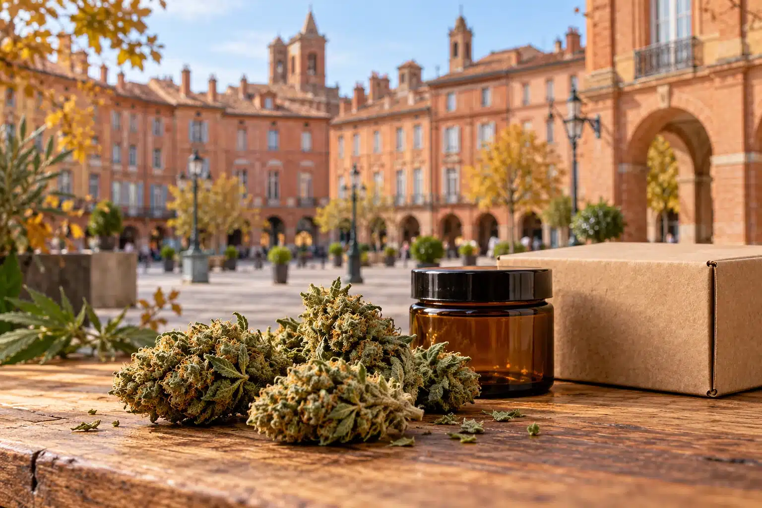 CBD Montauban : fleurs de chanvre et colis devant une évocation des arcades et des façades de brique de la place Nationale.