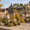CBD Montluçon : fleurs de chanvre et colis devant une évocation de la cité médiévale et du château des ducs de Bourbon.