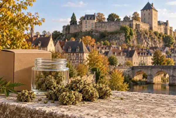 CBD Montluçon : fleurs de chanvre et colis devant une évocation de la cité médiévale et du château des ducs de Bourbon.