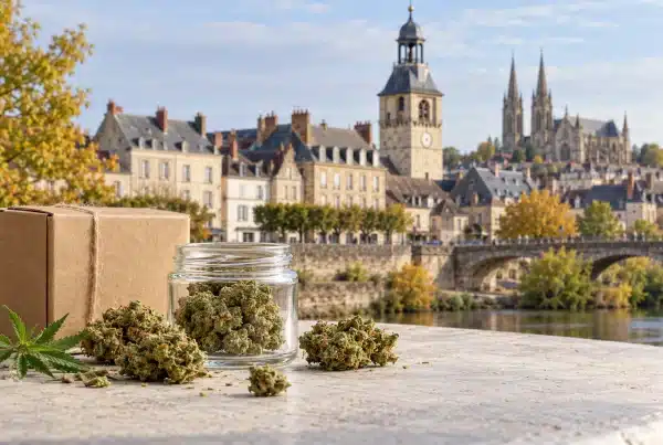 CBD Moulins : fleurs de chanvre et colis devant une évocation du centre historique et de la tour du Jacquemart.