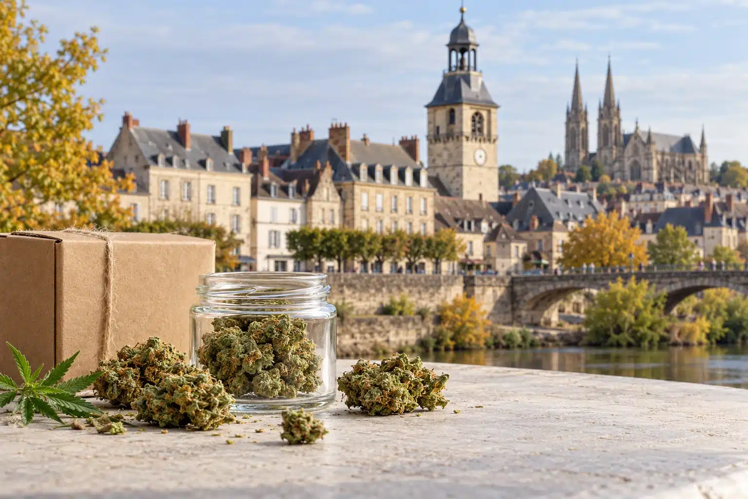 CBD Moulins : fleurs de chanvre et colis devant une évocation du centre historique et de la tour du Jacquemart.