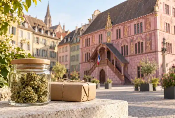 CBD Mulhouse : le guide essentiel pour choisir et commander 7 CBD Mulhouse : fleurs de chanvre et colis devant une évocation de l’ancien Hôtel de Ville, place de la Réunion.