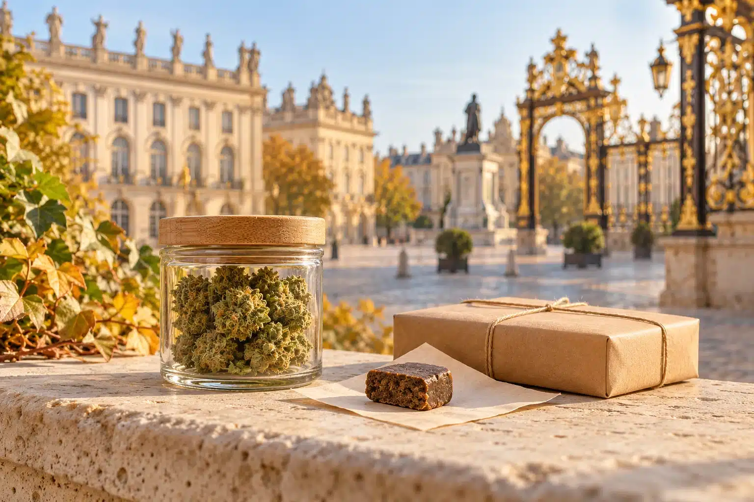 CBD Nancy : fleurs de chanvre, résine et colis devant une évocation de la place Stanislas.