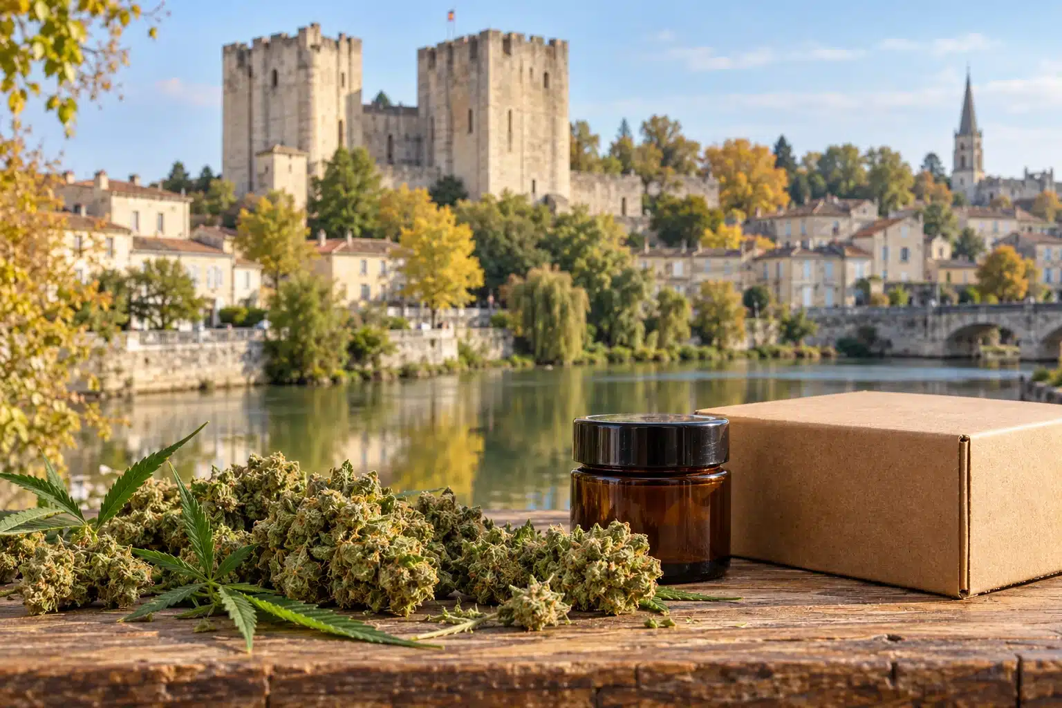 CBD Niort : fleurs de chanvre et colis devant une évocation du Donjon et des berges de la Sèvre Niortaise.