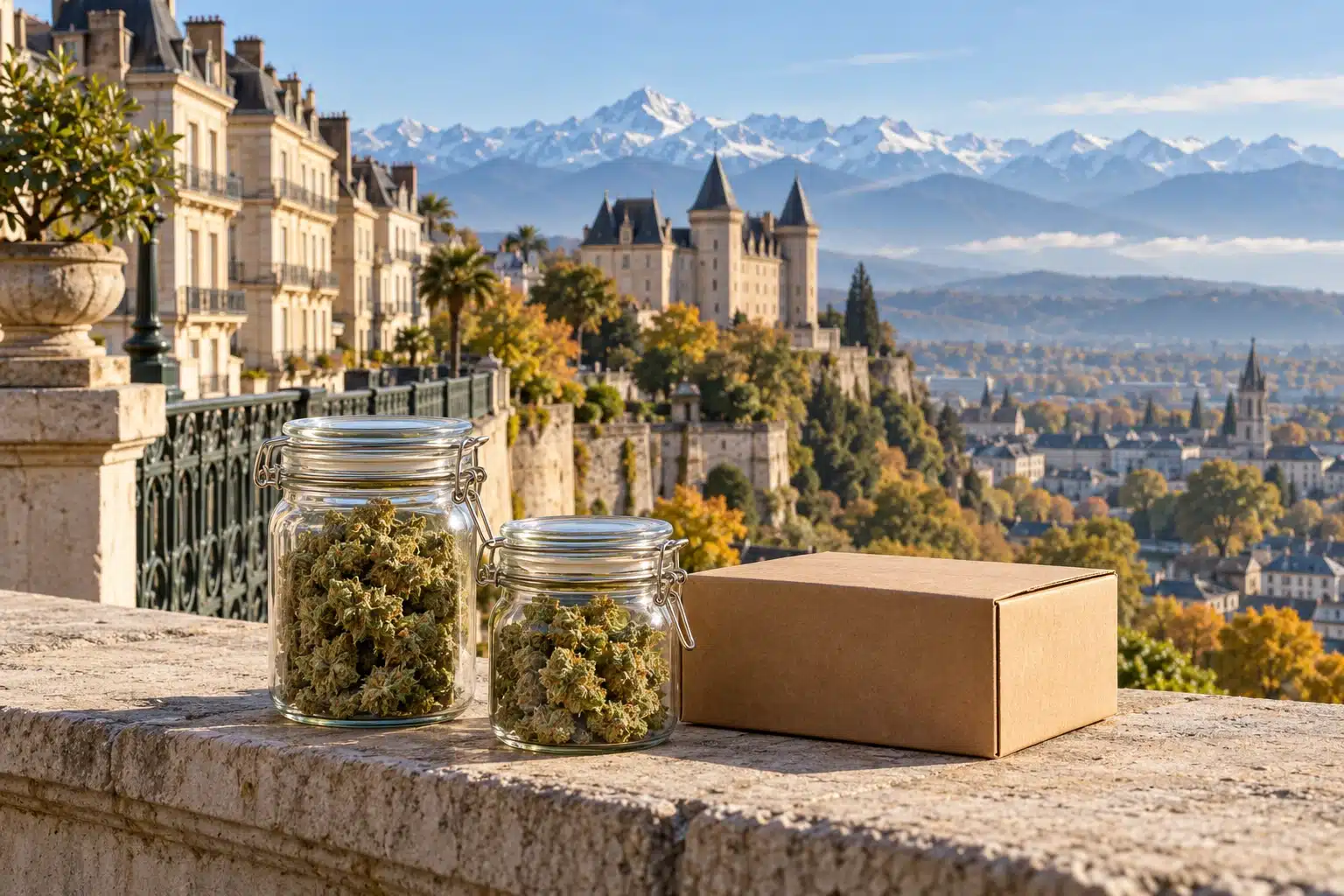 CBD Pau : fleurs de chanvre et colis devant une évocation du boulevard des Pyrénées et des montagnes.