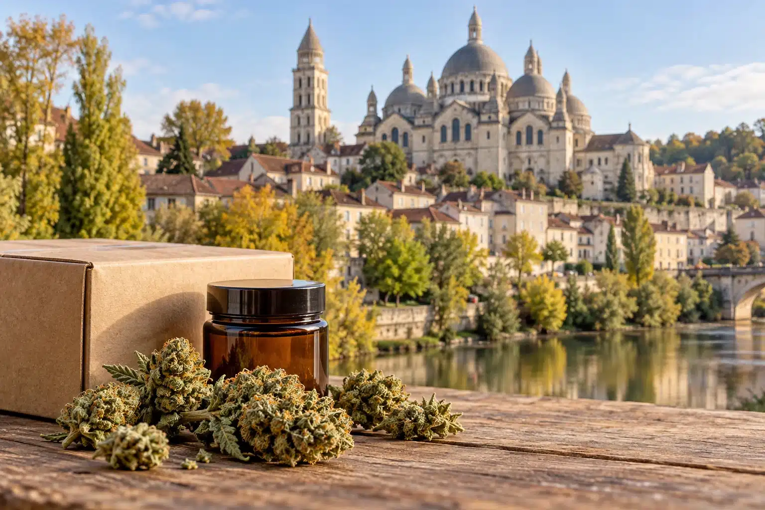 CBD Périgueux : fleurs de chanvre et colis devant une évocation de la cathédrale Saint-Front et des berges de l’Isle.
