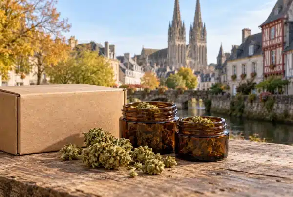 CBD Quimper : le guide essentiel pour choisir vos fleurs 3 CBD Quimper : fleurs de chanvre et colis devant une évocation de la cathédrale Saint-Corentin et du centre historique.