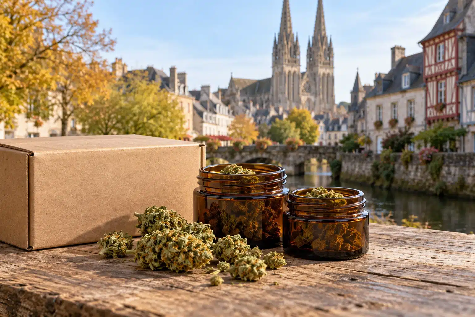 CBD Quimper : fleurs de chanvre et colis devant une évocation de la cathédrale Saint-Corentin et du centre historique.