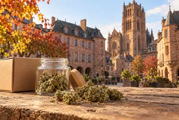 CBD Rodez : fleurs de chanvre et colis devant une évocation du centre historique et de la cathédrale Notre-Dame.