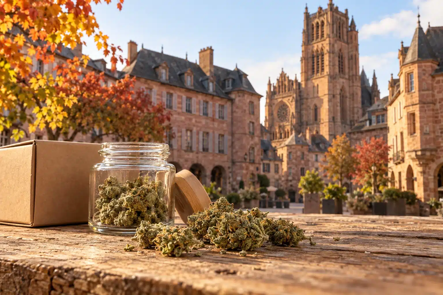 CBD Rodez : fleurs de chanvre et colis devant une évocation du centre historique et de la cathédrale Notre-Dame.