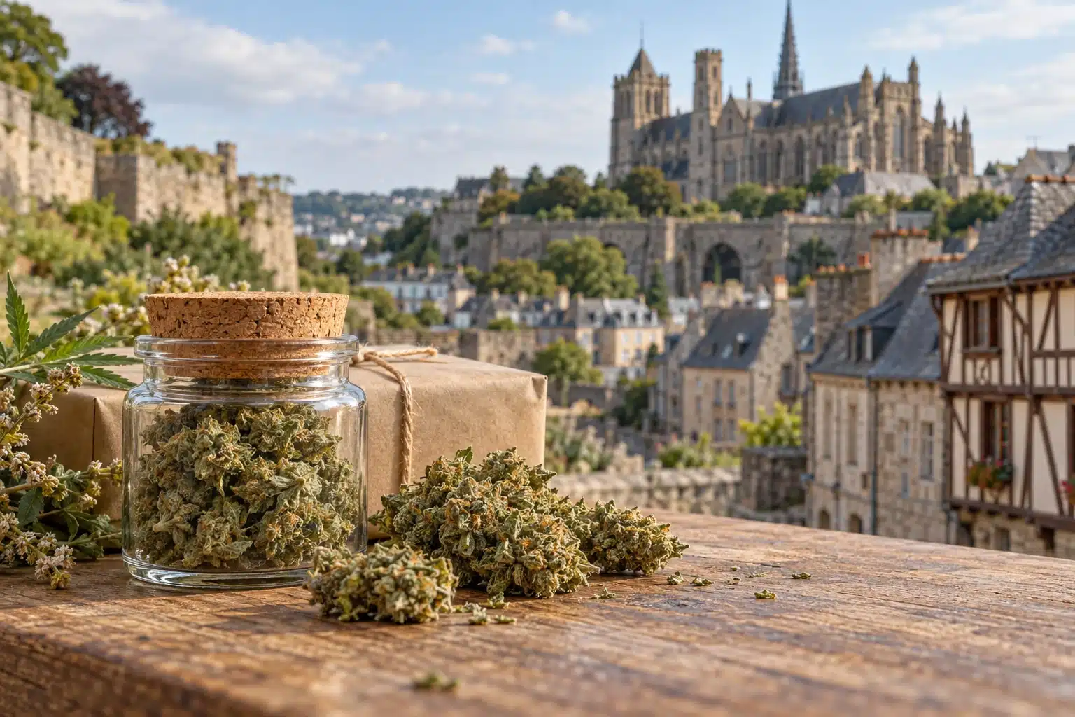 CBD Saint-Brieuc : fleurs de chanvre et colis devant une évocation du patrimoine breton et des maisons à colombages.