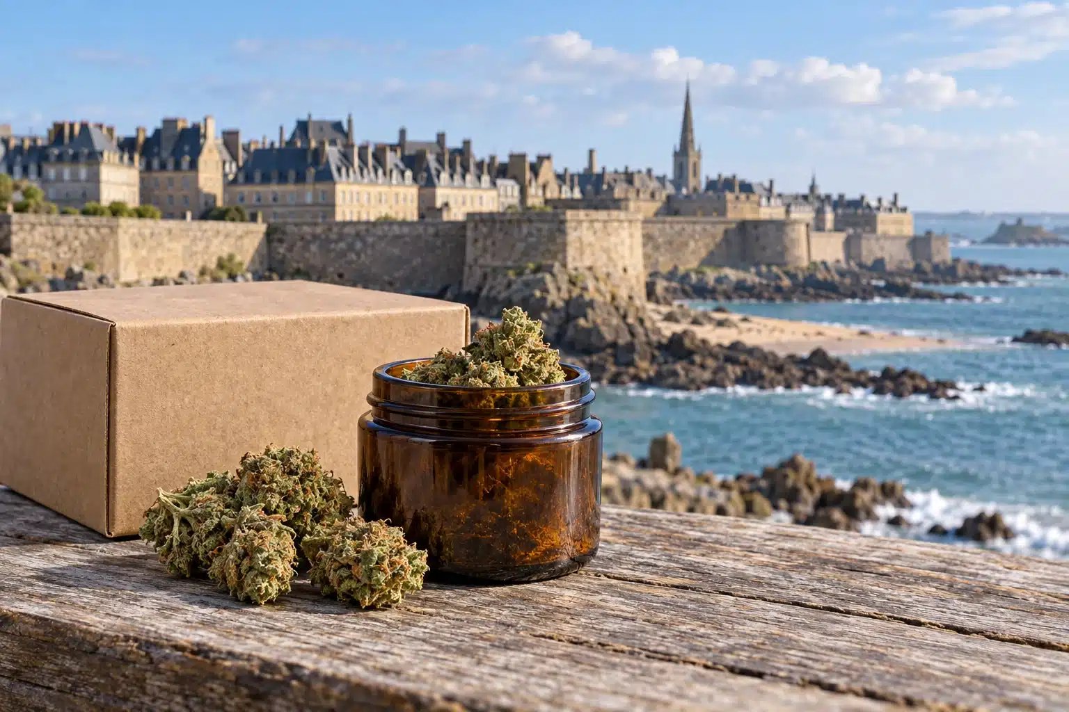 CBD Saint-Malo : le guide essentiel des fleurs et de la livraison 1 CBD Saint-Malo : fleurs de chanvre et colis devant une évocation des remparts et du littoral de la cité corsaire.