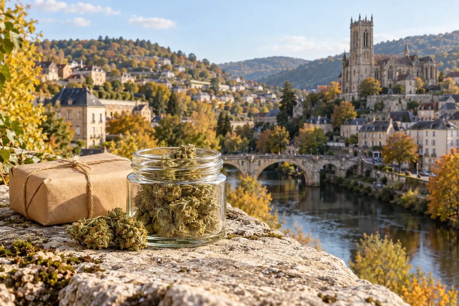 CBD Tulle : fleurs de chanvre et colis devant une évocation de la Corrèze et du centre historique.
